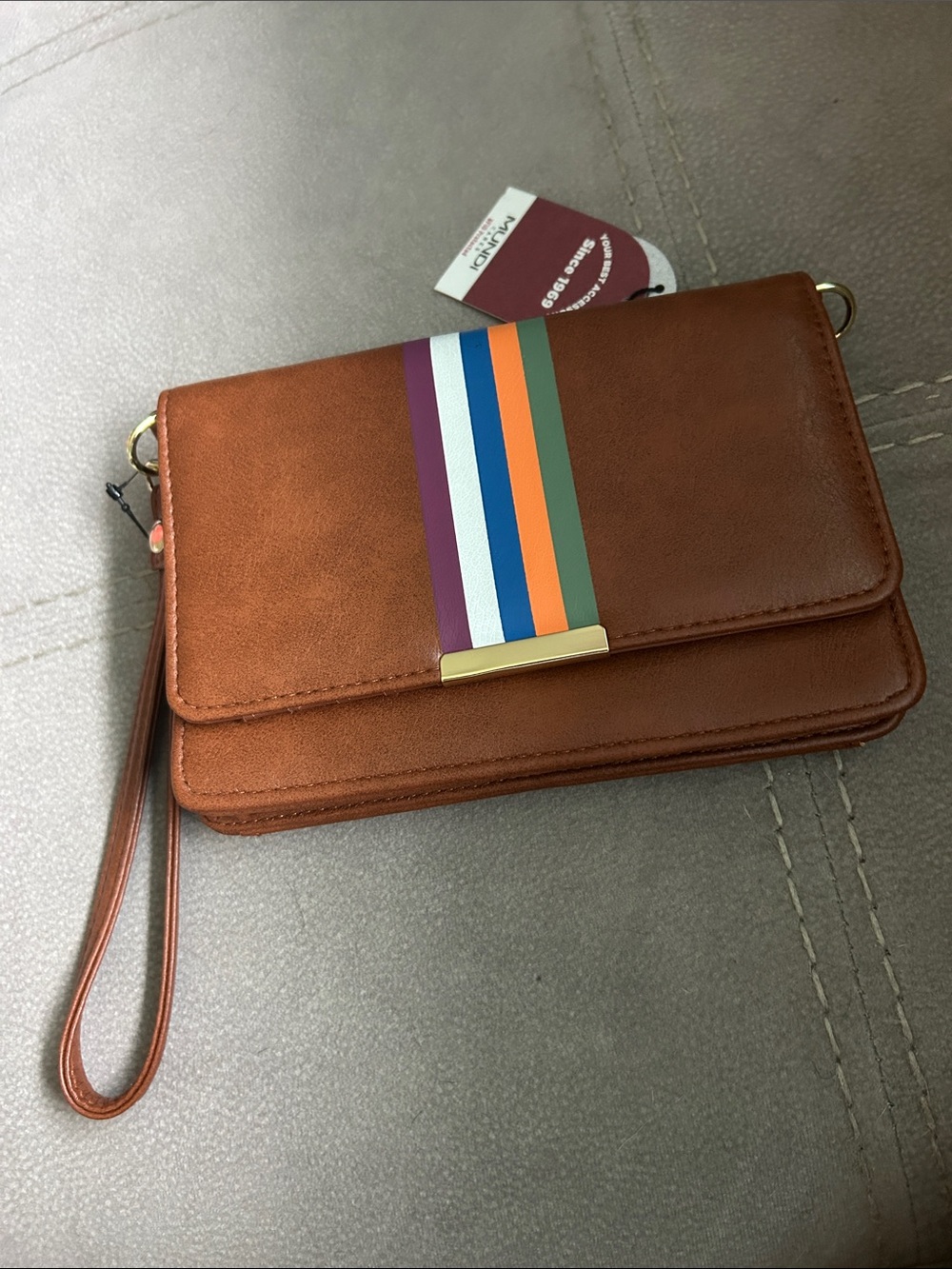 mundi Brown Wristlet Clutch with Multicolor Stripe Detail